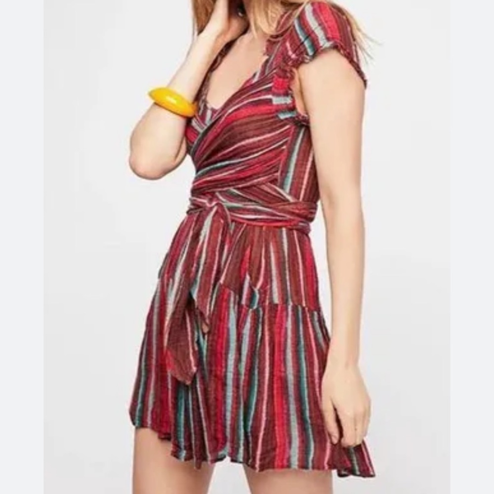 Free People One Gauze Distressed Maia Striped Wrap Dress